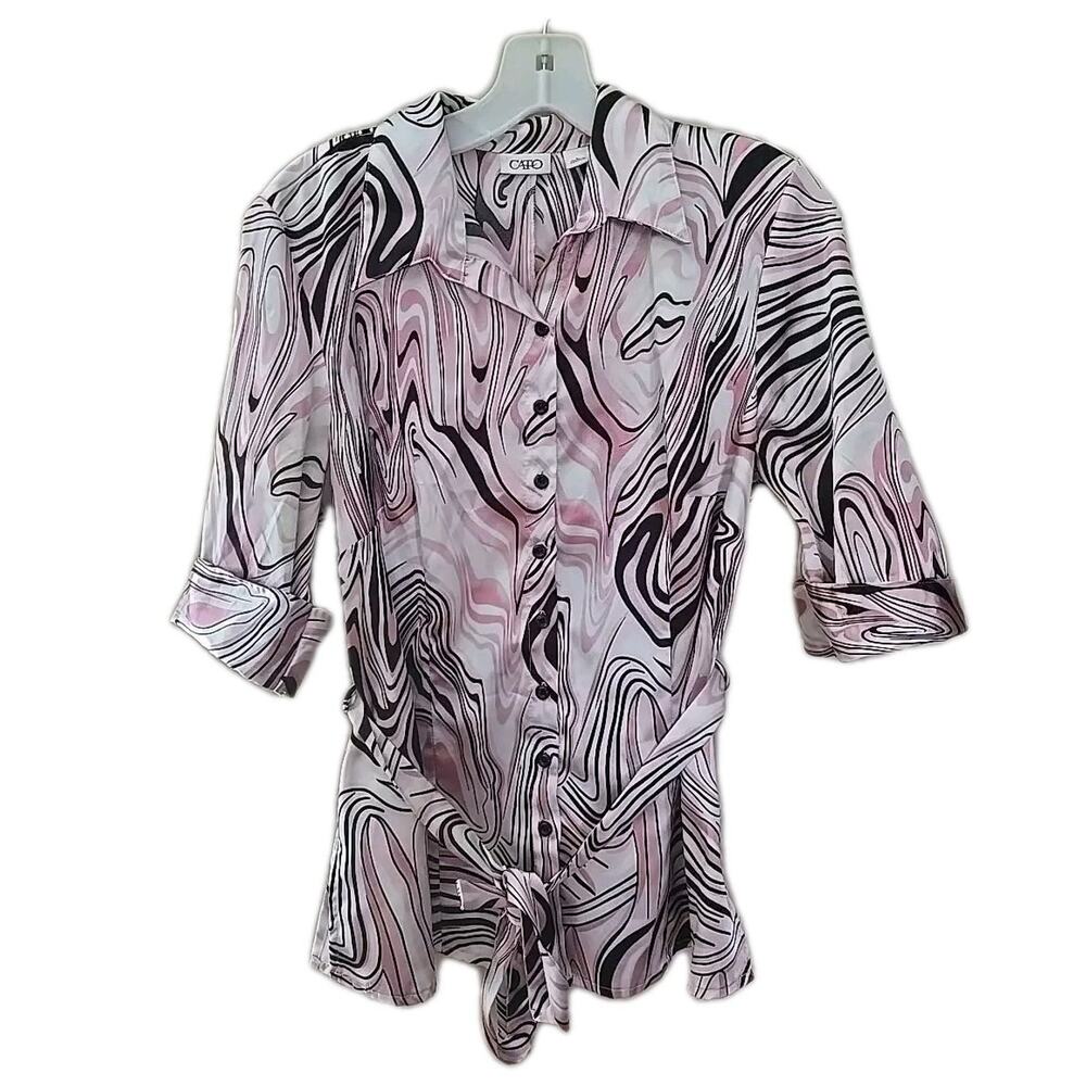 Cato Y2K Pink Abstract Print Button Front Tie Waist 3/4 SleeveTop Womans Large